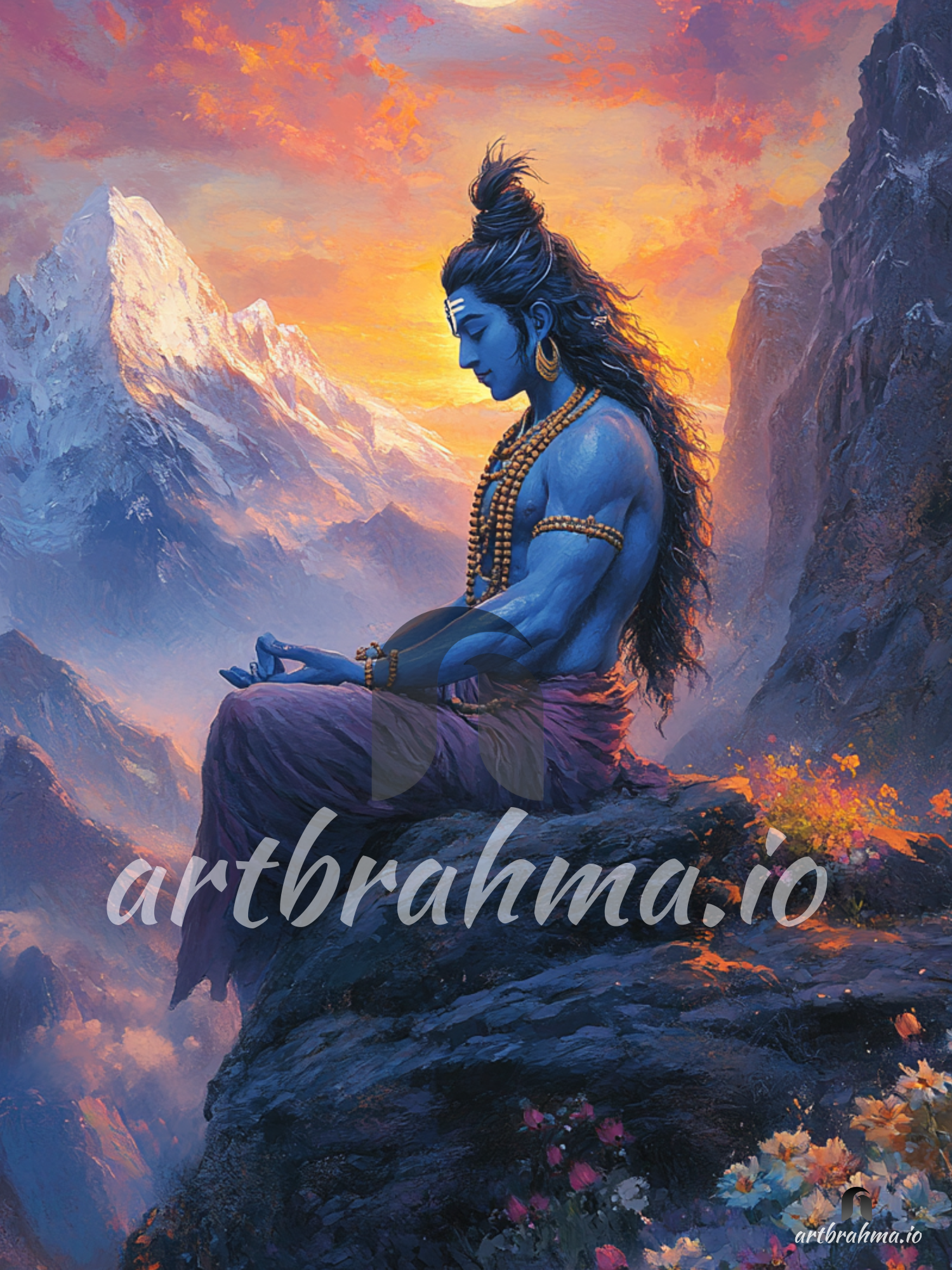 Adi Yogi Lord Shiva meditating in the Himalayas at dusk ( XL Canvas Wall Art ) - Invite Eternal and Infinite Energy into Your Home