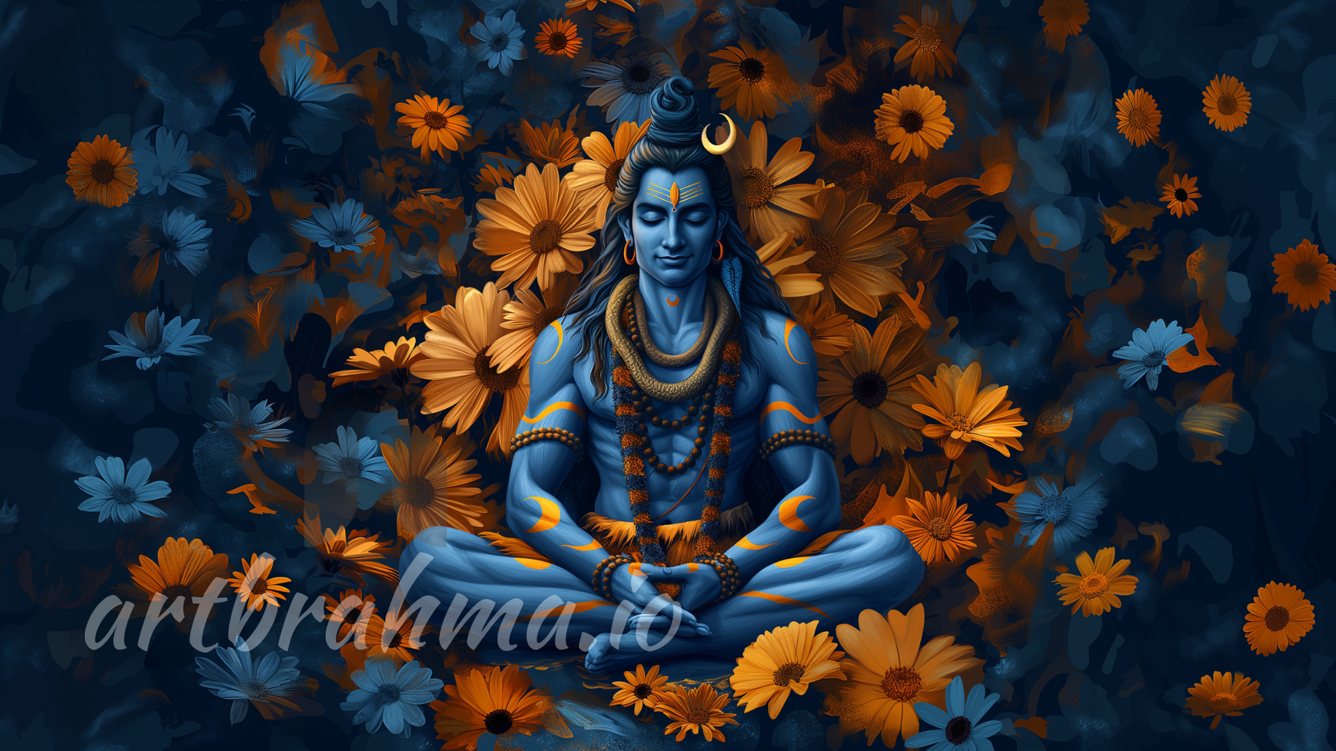 Meditative Shiva amidst blue and orange flowers Vibrant Wall Art ( XL Canvas Sizes )