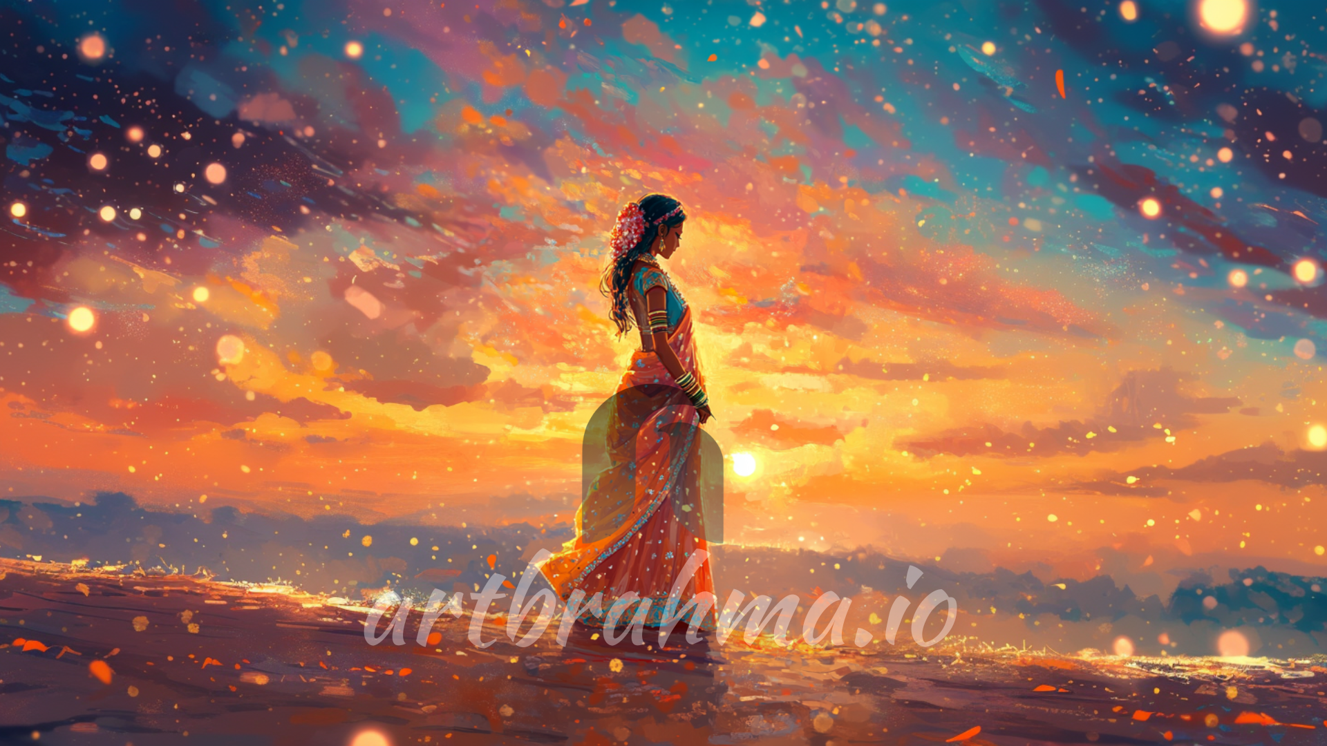 Graceful Walk at Sunset Wall Art ( XL Canvas Sizes ) - Indian woman in sari amid glowing sunset sky.