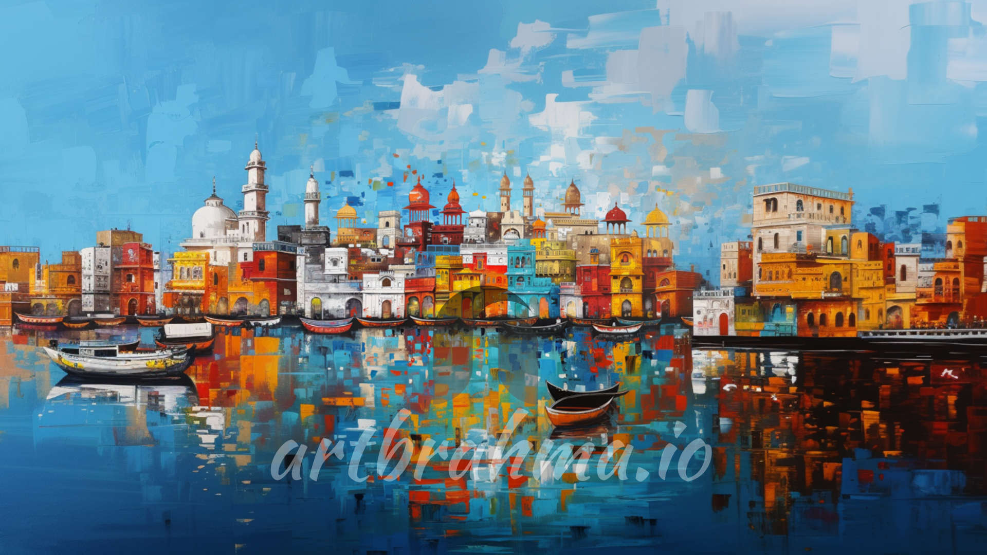 Colorful ghats of Varanasi by the serene Ganges - Invite Tranquility and Reflection ( XXL Canvas Sizes )